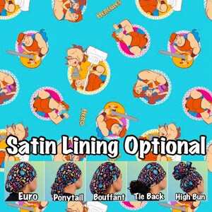 Cartoon. Scrub cap, satin lined ponytail, euro, high bun, bouffant, men’s surgical tie back, adjustable long hair medical hat
