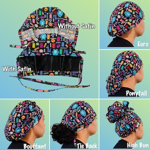 May include: A collection of scrub caps featuring a black fabric base with a colourful pattern of cartoon monsters and doors. The caps are shown in various styles including Euro, ponytail, bouffant, tie back, and high bun, with options for satin lining.
