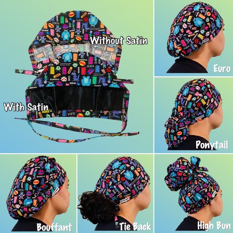 May include: A collection of scrub caps featuring a black fabric base with a colourful pattern of cartoon monsters and doors. The caps are shown in various styles including Euro, ponytail, bouffant, tie back, and high bun, with options for satin lining.
