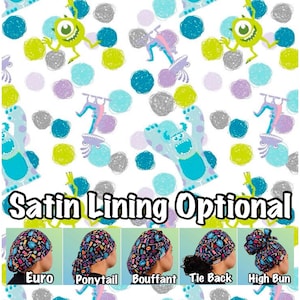 May include: A white fabric featuring a repeating pattern of green one-eyed monsters and blue furry monsters with purple spots, interspersed with colorful circles. Below, five images show different scrub cap styles: Euro, Ponytail, Bouffant, Tie Back, and High Bun.