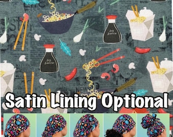May include: A fabric featuring a repeating pattern of Asian cuisine elements like noodles, soy sauce bottles, and chopsticks. The text "Satin Lining Optional" is visible. Five cap styles are shown: Euro, Ponytail, Bouffant, Tie Back, and High Bun.