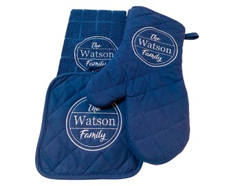 Personalized Kitchen Set, Oven Mitt Pot Holder Kitchen Towel Set, Personalized Embroidered, Monogrammed Christmas Gift Set