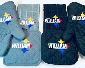 Pittsburgh Football Kitchen Set, Towel Pot Holder Oven Mitt Set, Personalized Steelers Christmas Gift Set, Football Gift Embroidered
