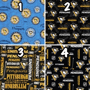 May include: Four different fabric designs featuring the Pittsburgh Penguins NHL hockey team logo. The designs feature a variety of colors, including black, yellow, blue, and white. The logos are repeated in a pattern on each fabric.