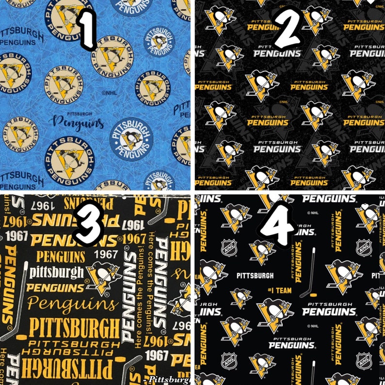 May include: Four different fabric designs featuring the Pittsburgh Penguins NHL hockey team logo. The designs feature a variety of colors, including black, yellow, blue, and white. The logos are repeated in a pattern on each fabric.