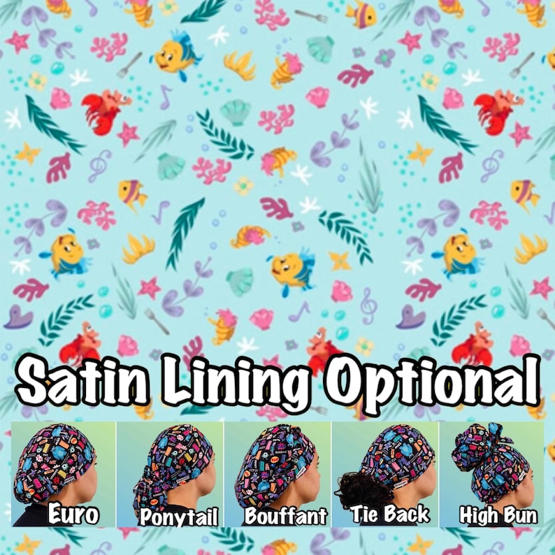 May include: A light blue fabric featuring a repeating pattern of yellow fish, red crabs, pink coral, and musical notes. Below, five variations of scrub caps are displayed, labelled as Euro, Ponytail, Bouffant, Tie Back, and High Bun.