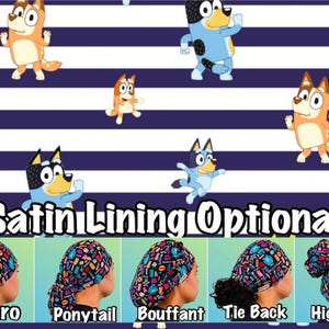 May include: A fabric pattern featuring cartoon dogs on a navy and white striped background with the text Satin Lining Optional. Below are five examples of scrub caps in various styles labeled Euro, Ponytail, Bouffant, Tie Back, and High Bun.