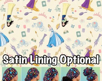 May include: A colorful fabric with a Disney princess theme. The fabric features images of Cinderella, Rapunzel, and Snow White. The fabric is available in five different styles: Euro, Ponytail, Bouffant, Tie Back, and High Bun. Satin lining is optional.