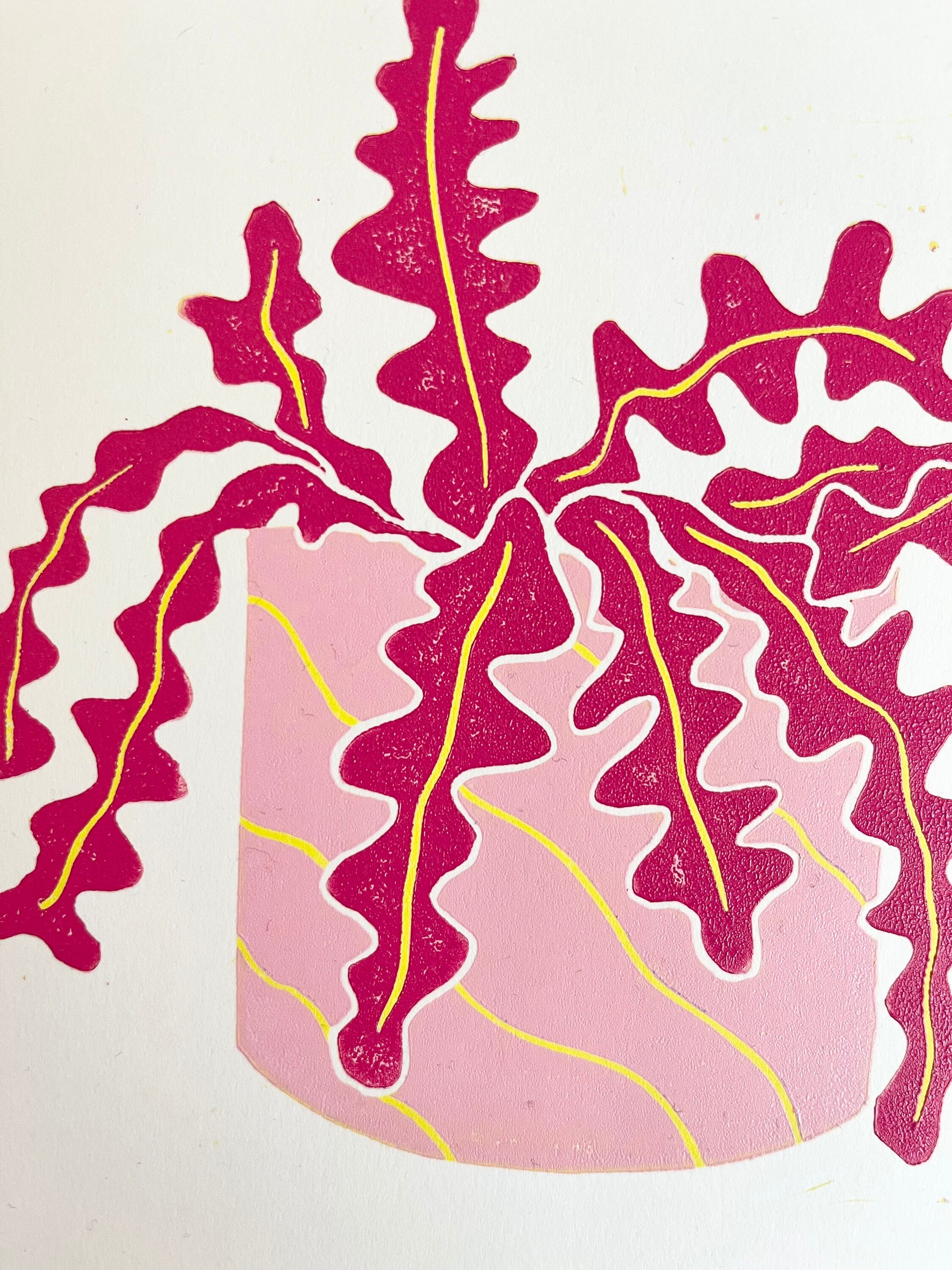 Original Linocut Reduction Print - Fishbone Cactus Plant Three Layered ...