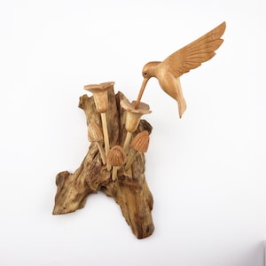 Wooden Hummingbird Wall Art with Mushrooms | Driftwood Bird Sculpture | Rustic Nature Decor | Handmade Balinese Wall Hanging