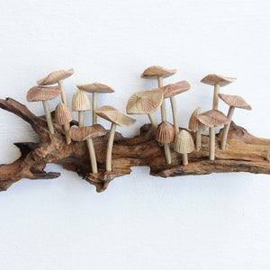 Hölzerne Pilz-Wandkunst, 3D-Skulptur-Wandkunst, Wandteppich-Wandbehang, Wohndekor-Wandkunst, Vintage-Wanddekoration, handgemachtes Dekor, Geschenk für Sie