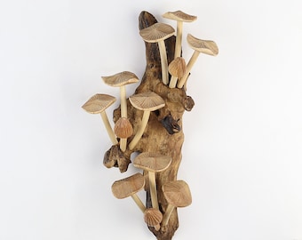Wooden Mushroom Wall Decor, Cottagecore Woodland Nature Art, Handcrafted Driftwood Mushroom Sculpture, Rustic Wood Carving, Unique Gift
