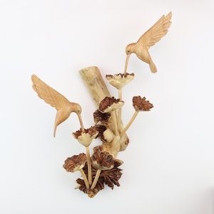 Wood Hummingbird Wall Art | Hand-Carved Colibri Couple Sculpture | Rustic Nature Wall Decor | Cottagecore Bird Gift