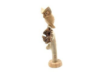 Owl on Parasite Wood, Owl Figurine, Sculpture, Decorative, Bird Statue, Office Deco, Unique Ornament, Tropical, Wedding, Mothers Day Gifts