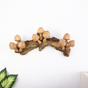 Wooden Mushroom Wall Art | Hand Carved Driftwood Decor | Horizontal Fungi Sculpture | Rustic Woodland Wall Hanging | Unique Nature Art