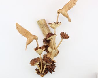 Wood Hummingbird Wall Art | Hand-Carved Colibri Couple Sculpture | Rustic Nature Wall Decor | Cottagecore Bird Gift