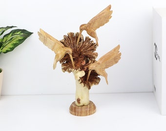 Handmade Wooden Hummingbird Sculpture Trio, Bird Art Deco, Carved Bird Figurine Set, Nature Inspired Gift, Artistic Home Deco, Christmas Art