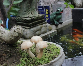 May include: Three wooden mushroom sculptures in a brown pot with green moss. The pot is sitting on a stone surface next to a small pond with orange fish swimming in it.