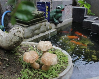 May include: Three decorative mushroom sculptures in a pot with green moss. The mushrooms are made of wood and have a light brown color. The pot is made of concrete and has a rough texture.