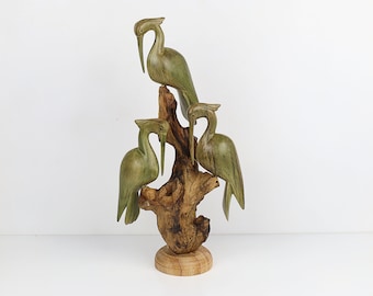 Handcrafted Triple Wooden Heron Sculpture on Driftwood | Unique Nature-Inspired Home Decor | Wood Carving | Handmade | Gift for Valentine