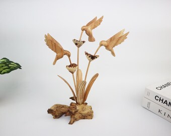 Handcrafted Wooden Hummingbird Sculpture – Driftwood Bird Figurine with Flowers – Unique Nature Art for Tabletop or Shelf Display