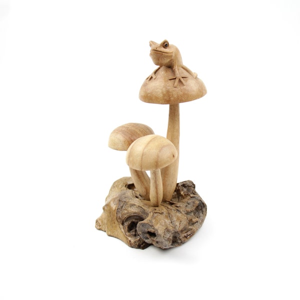 Sculpture de grenouille sur champignon, figurine champignon, ornement champignon, figurine, sculptée à la main, sculpture sur bois, nature, mariage, fait main, fête des mères