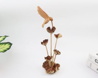 Hand-Carved Wooden Hummingbird Sculpture | Detachable Feeder Display | Nature-Inspired Desk Decor | Bird Lover Gift