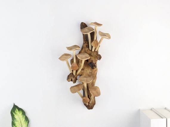 Wooden Mushroom Wall Decor, Cottagecore Woodland Nature Art, Handcrafted Driftwood Mushroom Sculpture, Rustic Wood Carving, Unique Gift