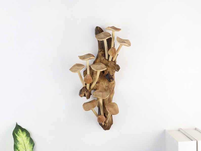 Handmade wooden mushroom wall sculpture rustic decor