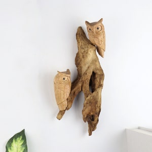 May include: Two intricately carved wooden owls are perched on a piece of driftwood. The owls are facing forward with their wings outstretched. The driftwood is a light brown colour and has a natural, rough texture.