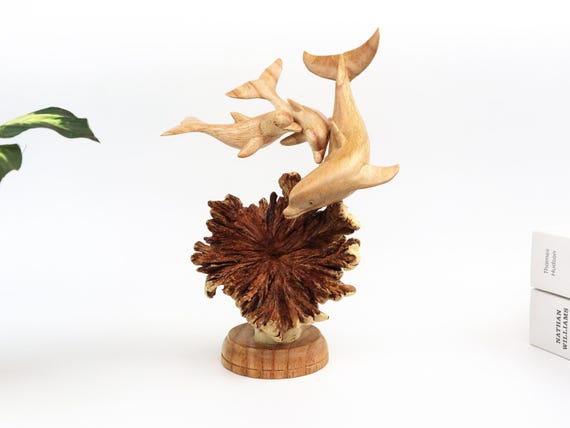 Wooden Dolphin Sculpture | Hand Carved Dolphin Figurine on Driftwood | Ocean Decor | Coastal Home Accent | Marine Life Art
