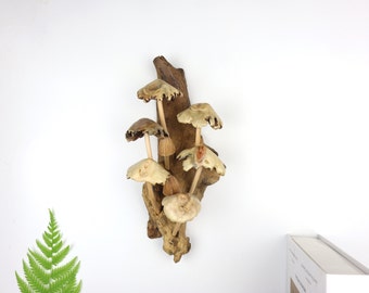 Driftwood Mushroom Wall Art, Hand Carved Fungi Colony Sculpture, Vertical Forest Wall Decor, Unique Botanical Carving, Nature Gift, Wood Art