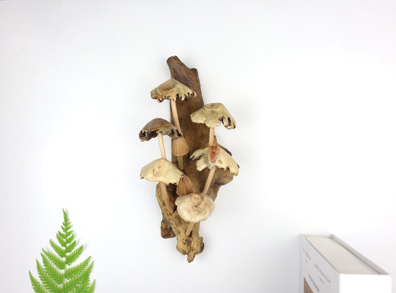 Hand-carved driftwood mushroom wall art holiday decor