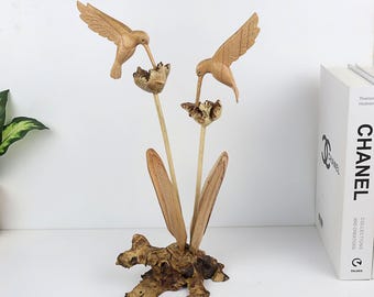 Hand-Carved Wooden Hummingbird Wall Art | Rustic Driftwood Bird Sculpture | Nature Wall Hanging Decor | Unique Bird Lover Gift