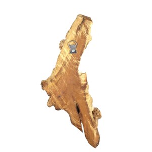 May include: A natural wood wall decor piece with a unique shape and a hanging hook on the back.