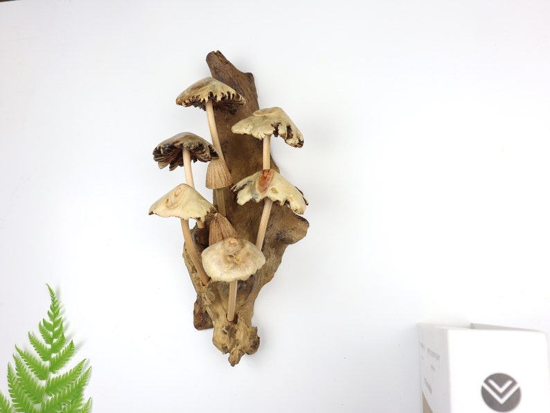 May include: A wooden wall sculpture featuring a cluster of carved mushrooms with brown and beige caps and stems. The mushrooms are attached to a piece of driftwood with a natural brown color.