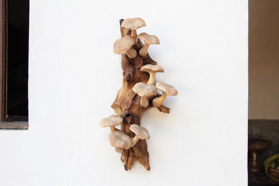 Wooden Mushroom Wall Art, Woodland Decor, Cottagecore Driftwood Sculpture, Hand-Carved Nature Wall Hanging, Rustic Fungi Gift, Handmade Art
