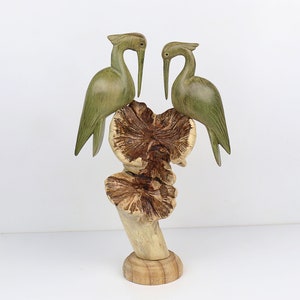 Handcrafted Wooden Heron Bird Sculpture in Natural Green Wood - Lovely Couple - Unique Nature-Inspired Home Decor - Special Valentine Day