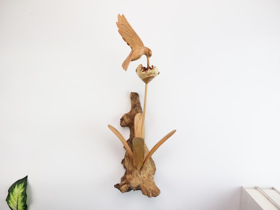 Hand-Carved Hummingbird Wall Art | Rustic Wooden Bird Decor | Nature-Inspired Wall Hanging | Cottage-core Home Gift