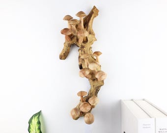 15" Vertical Wood Mushroom Wall Art, Driftwood Sculpture, Woodland Decor, Forest Fungi Wall Hanging, Rustic Nature Gift, Anniversary