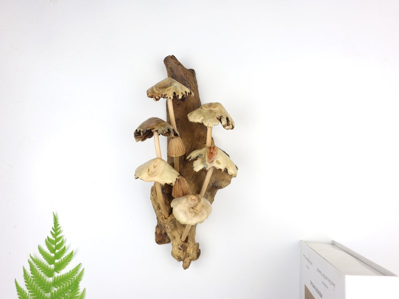 Driftwood Mushroom Wall Art, Hand Carved Fungi Colony Sculpture, Vertical Forest Wall Decor, Unique Botanical Carving, Nature Gift, Wood Art image 3