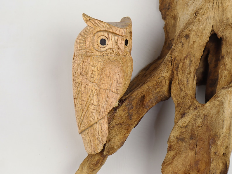 May include: A wooden owl sculpture perched on a branch of driftwood. The owl is carved with intricate details, including its eyes, feathers, and beak. The driftwood is a natural brown colour with a rough texture.
