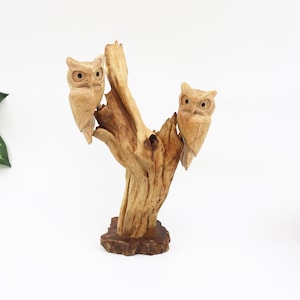 Wooden Couple Owl Sculpture, Hand Carved Owl Figurine, Rustic Woodland Decor, Driftwood Art, Nature Inspired Gift, Boho Home Accent