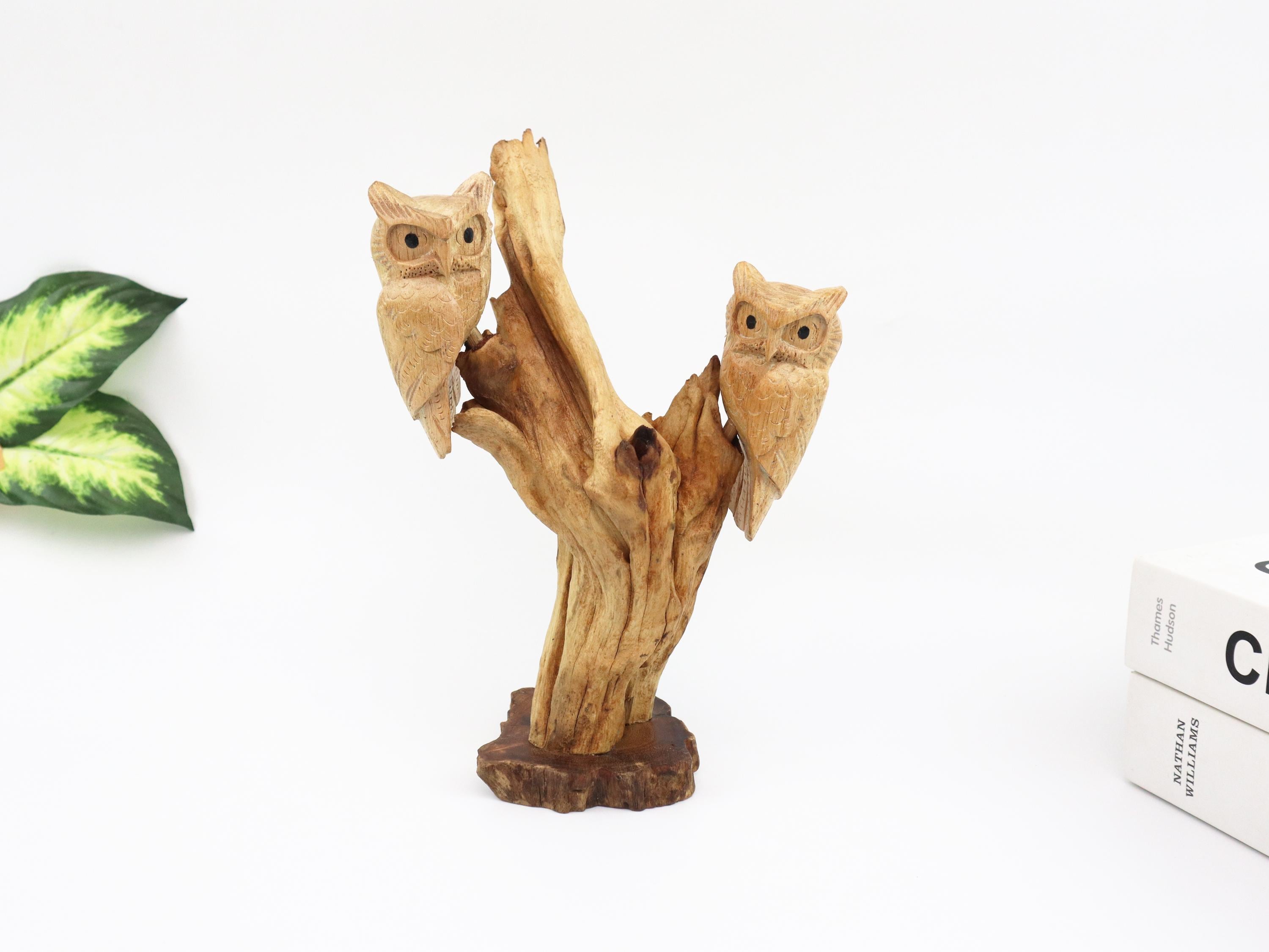 Wooden Couple Owl Sculpture, Hand Carved Owl Figurine, Rustic Woodland Decor, Driftwood Art, Nature 
