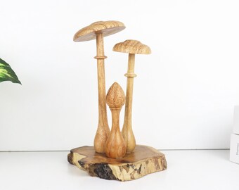 Wooden Mushroom Sculpture | Hand Carved Wood Mushrooms | Rustic Driftwood Base Decor | Woodland Nature Home Accent