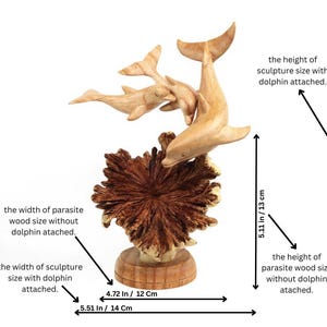 May include: Hand-carved wooden sculpture of three dolphins leaping out of a coral reef. The sculpture is 22 cm tall and 14 cm wide. The base of the sculpture is 12 cm wide.
