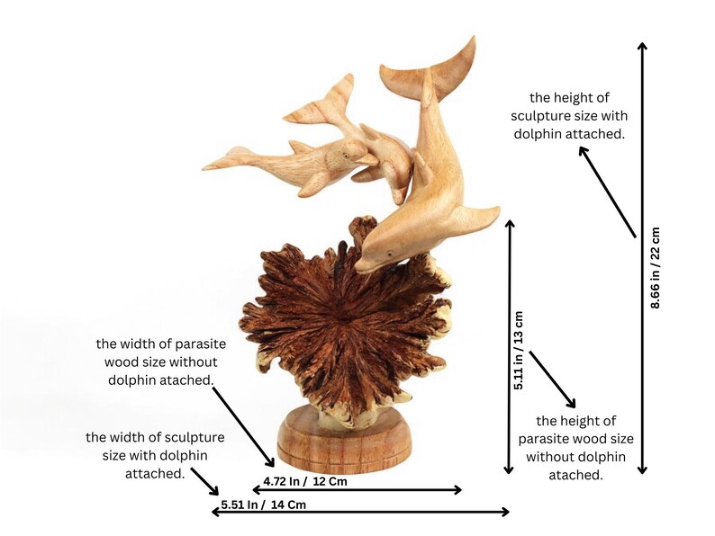 May include: Hand-carved wooden sculpture of three dolphins leaping out of a coral reef. The sculpture is 22 cm tall and 14 cm wide. The base of the sculpture is 12 cm wide.