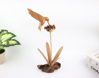 Wooden Hummingbird Feeding on Flower Decor – Handcrafted Bird Sculpture for Garden, Home, or Nature Lovers Gift