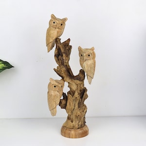 Handcrafted Wooden Owl Family on Driftwood | Rustic Woodland Decor | Three Owls | Nature-Inspired Home Accent | Eco-Friendly Art | Valentine