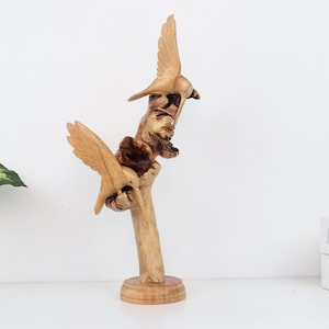 Escultura de pareja de colibríes tallada, estatua personalizada, figura artesanal, talla de madera, decoración del hogar, regalo hecho a mano, regalo del día de San Valentín